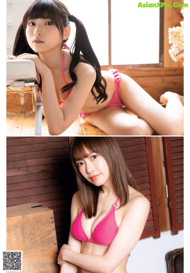 A woman in a pink bikini sitting on a wooden bench.