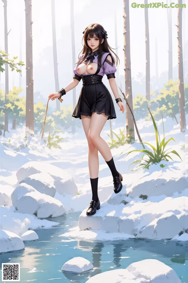 A woman in a black dress is standing on a rock in the woods.