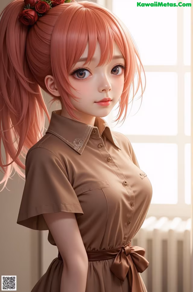 A girl with pink hair wearing a brown dress.