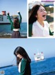 A collage of photos of a woman laughing in front of a ship.