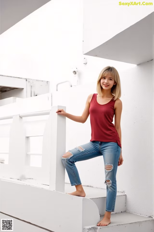A woman in a red tank top and ripped jeans posing for a picture.