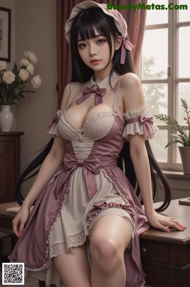 A woman in a maid outfit sitting on a desk.