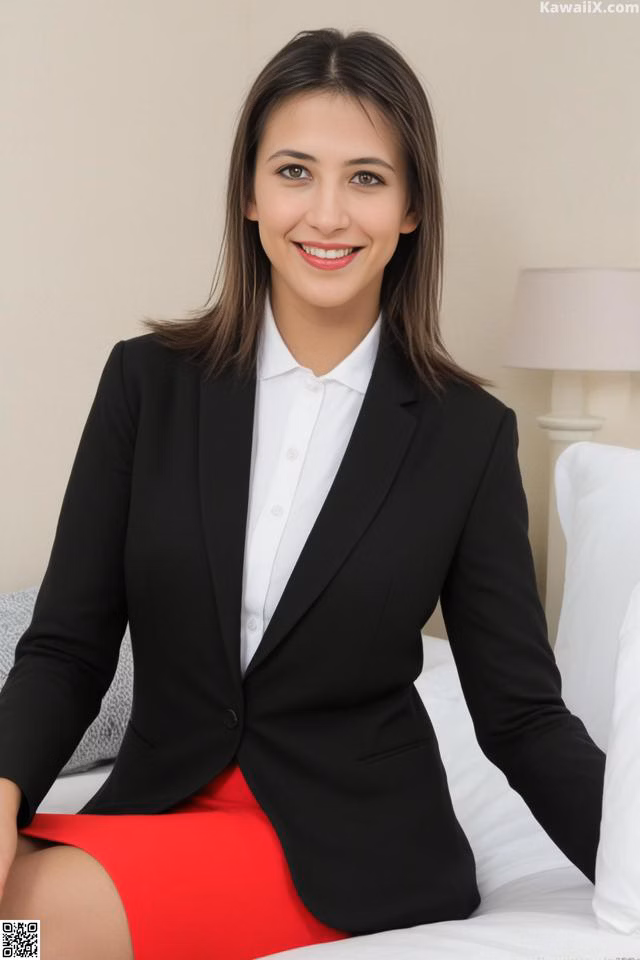 A woman in a black blazer and red skirt sitting on a bed.