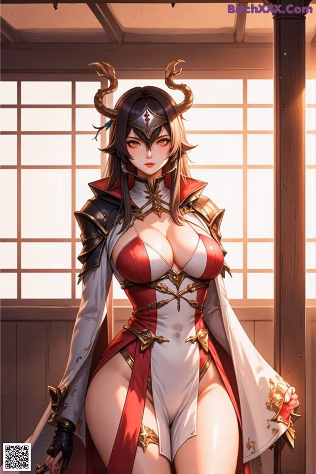 A woman in a red and white outfit holding a sword.