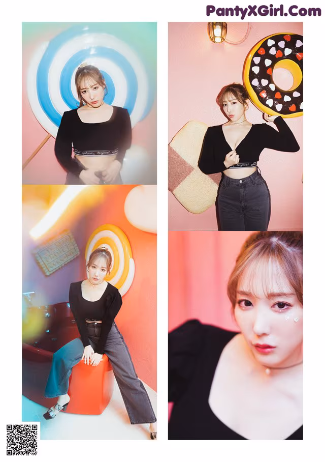 A collage of photos of a woman holding a donut.