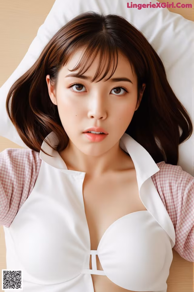 A woman laying on top of a bed wearing a white bra.