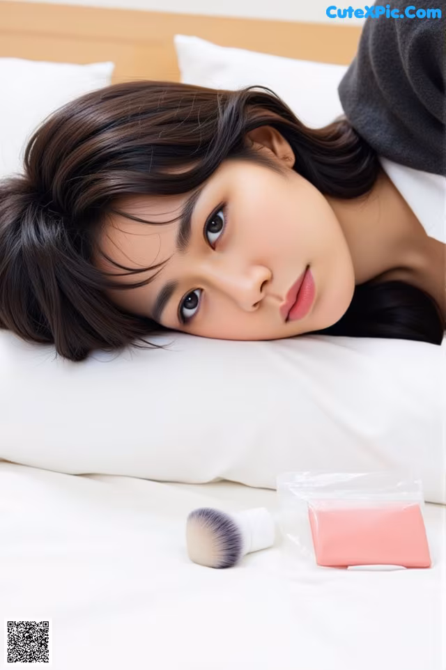 A woman laying on a bed next to a brush.