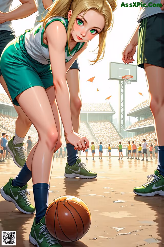 A girl in a green and white uniform holding a basketball.
