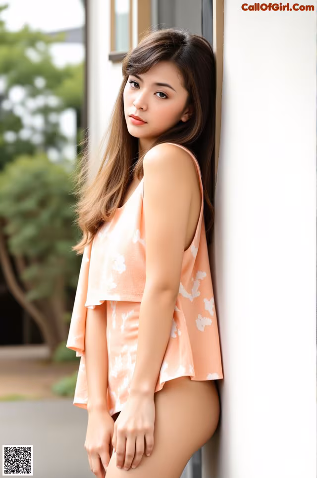 A woman leaning against a wall with her hands on her hips.