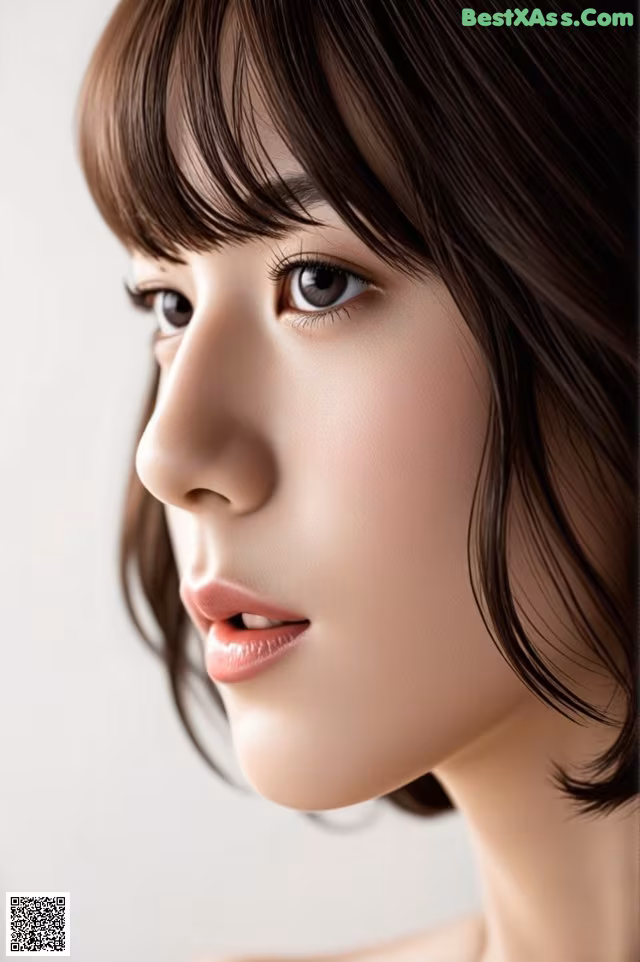 A close up of a woman's face with brown hair.