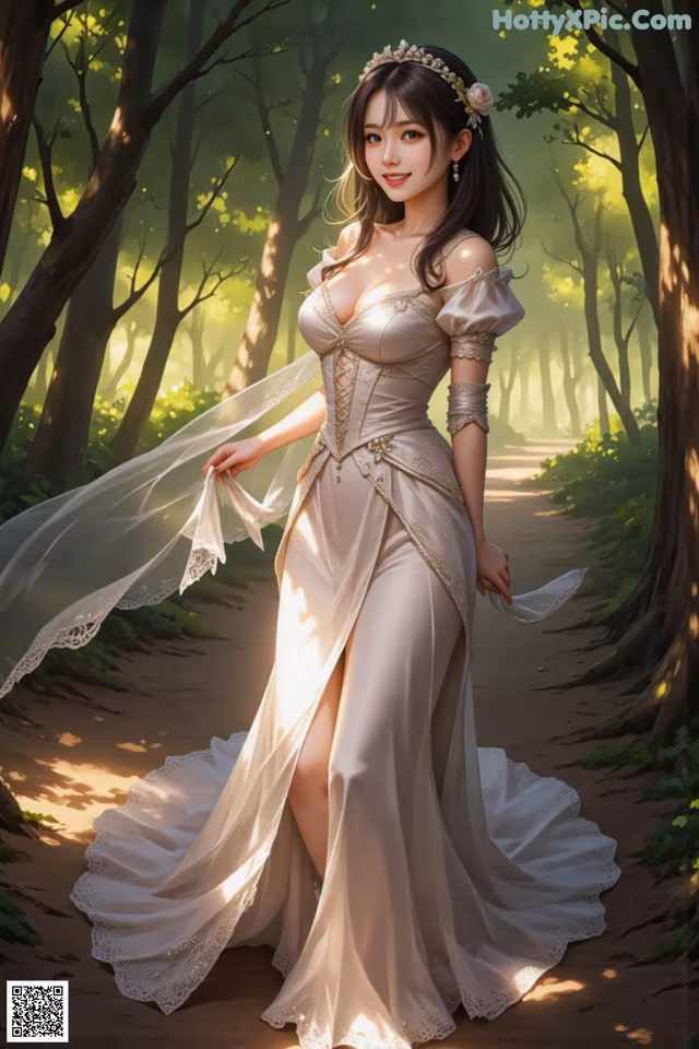 A woman in a long dress walking through a forest.