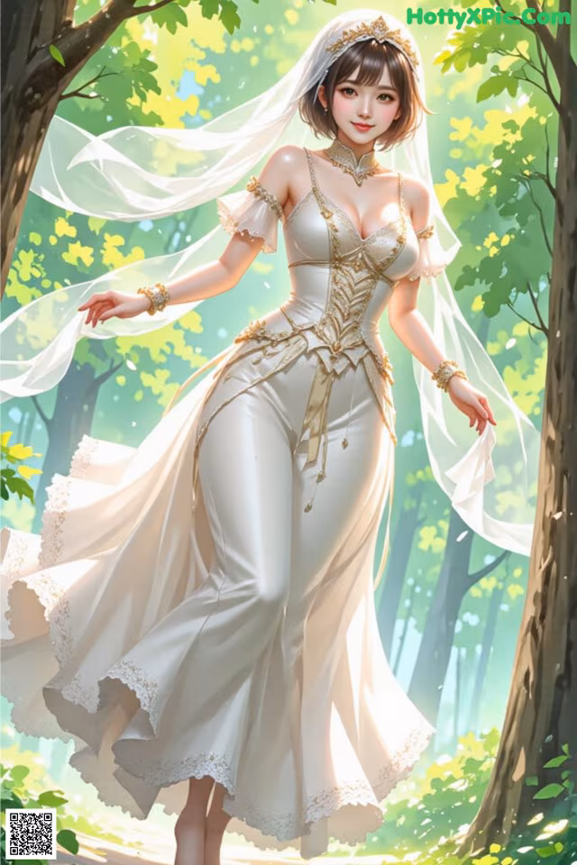 A woman in a wedding dress walking through a forest.