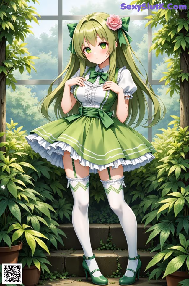 A girl in a green and white dress standing in front of a window.