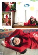 A woman in a red sweater and a santa hat laying on the floor.