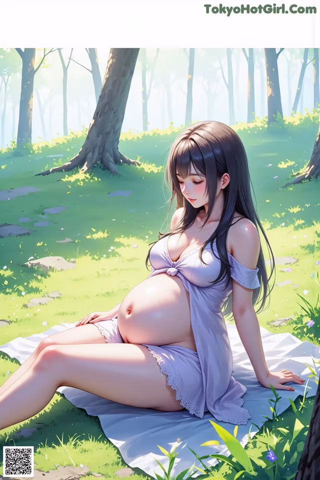 A pregnant woman sitting on a blanket in the woods.