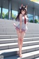 A girl in a white dress and red tie standing on some steps.