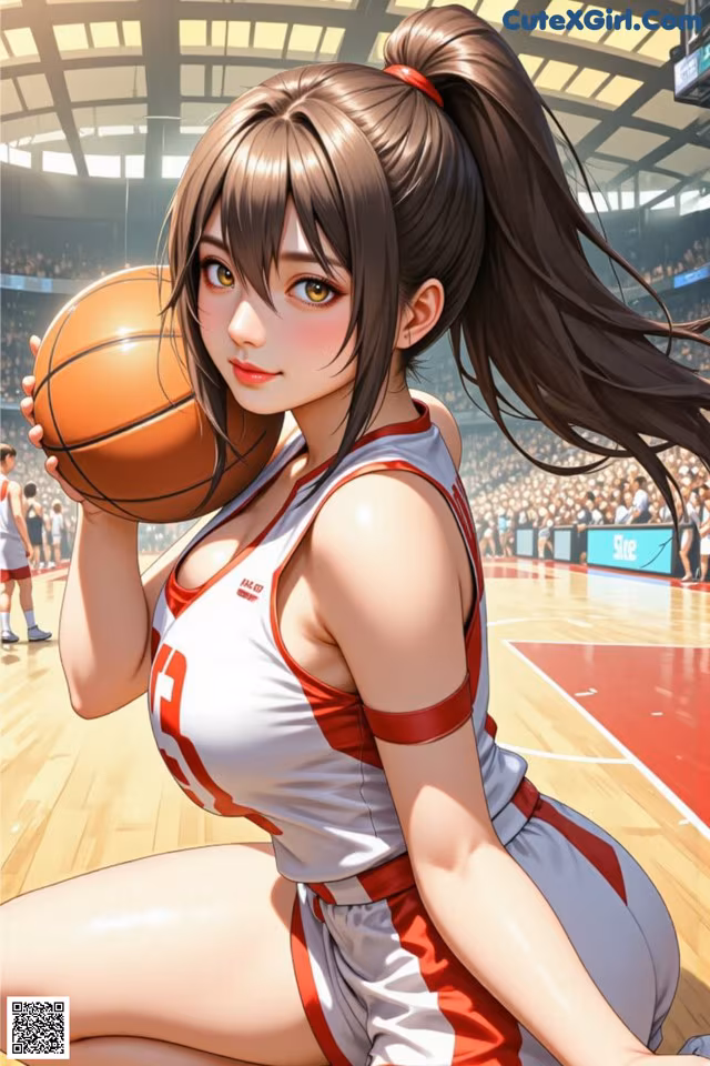 A woman in a red and white uniform holding a basketball.