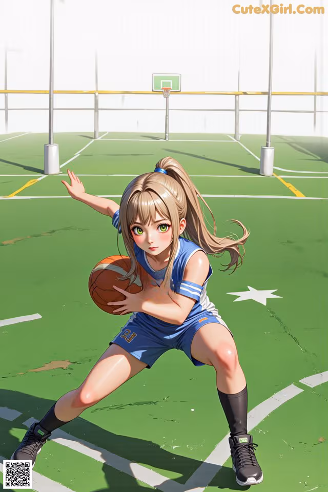 A girl in a blue uniform holding a basketball on a basketball court.
