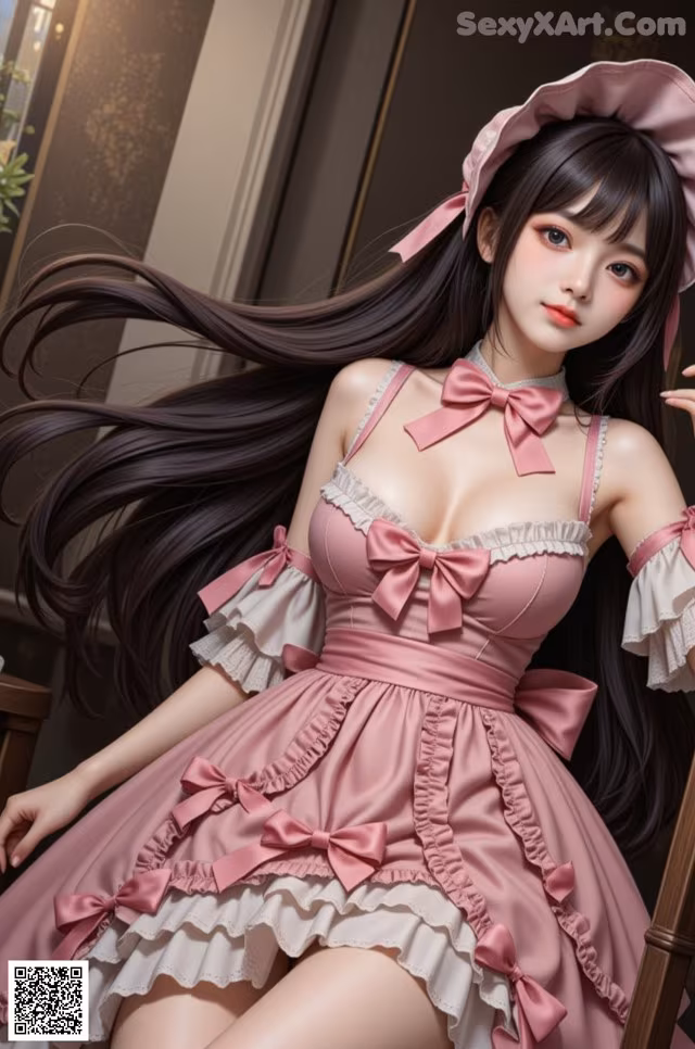 a woman in a pink dress and hat sitting on a chair