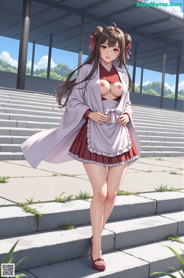 A woman in a kimono is standing on some steps.