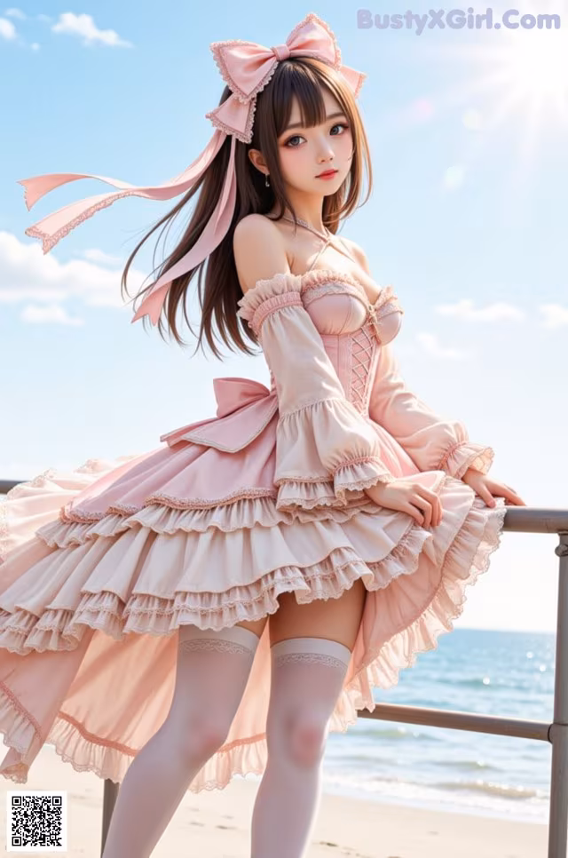 A woman in a pink dress is posing on the beach.